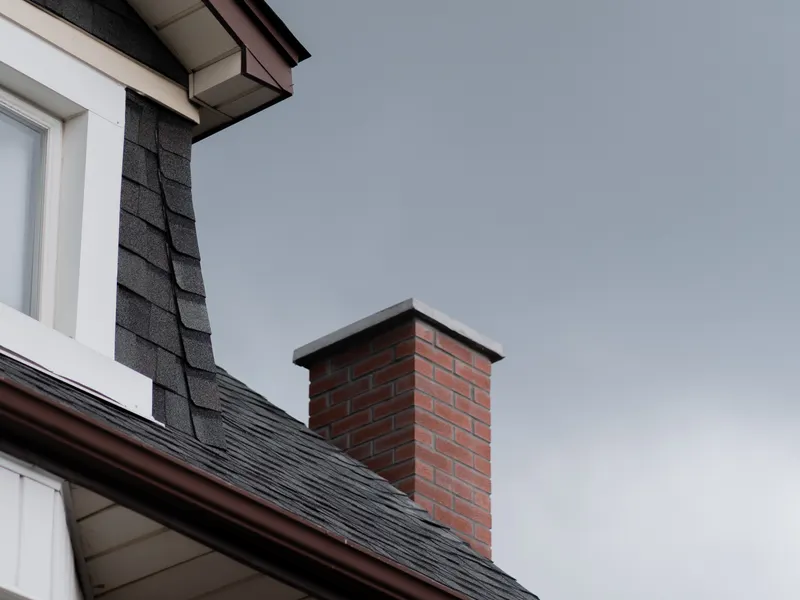 Brick chimney rising through a dark roof with white soffit and fascia lines under a slate-gray sky