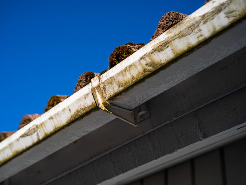 Gutter packed with leaves and debris along a roof edge &mdash; representative