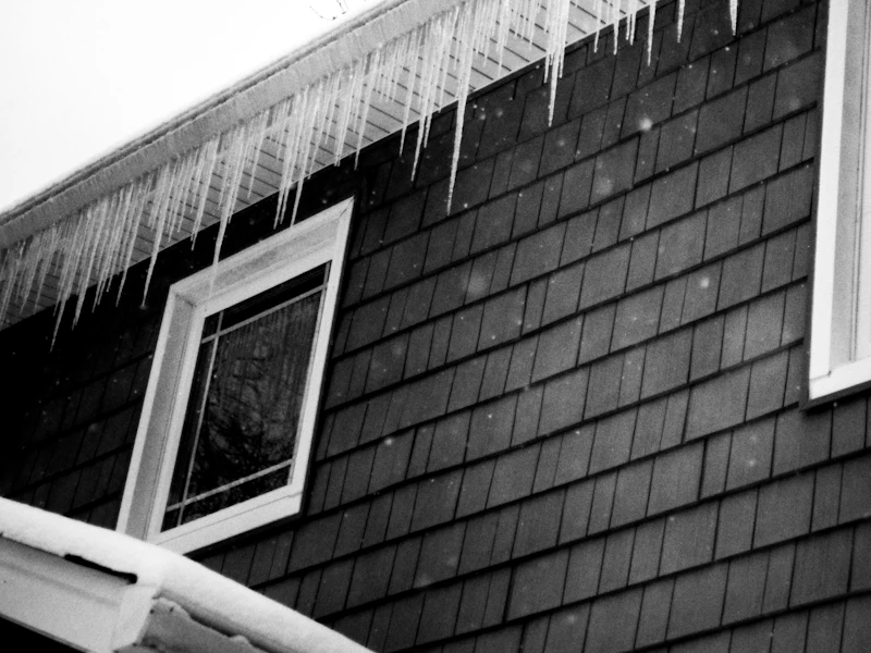 Row of icicles along a gutter line on a shake-sided house — early ice damming at the eave
