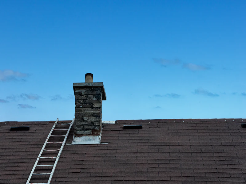 Ladder set against a shingle roof beside a stone chimney for an inspection — representative