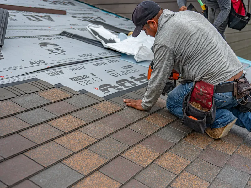 Roofer kneeling to check a fresh course of designer shingles against the underlayment line